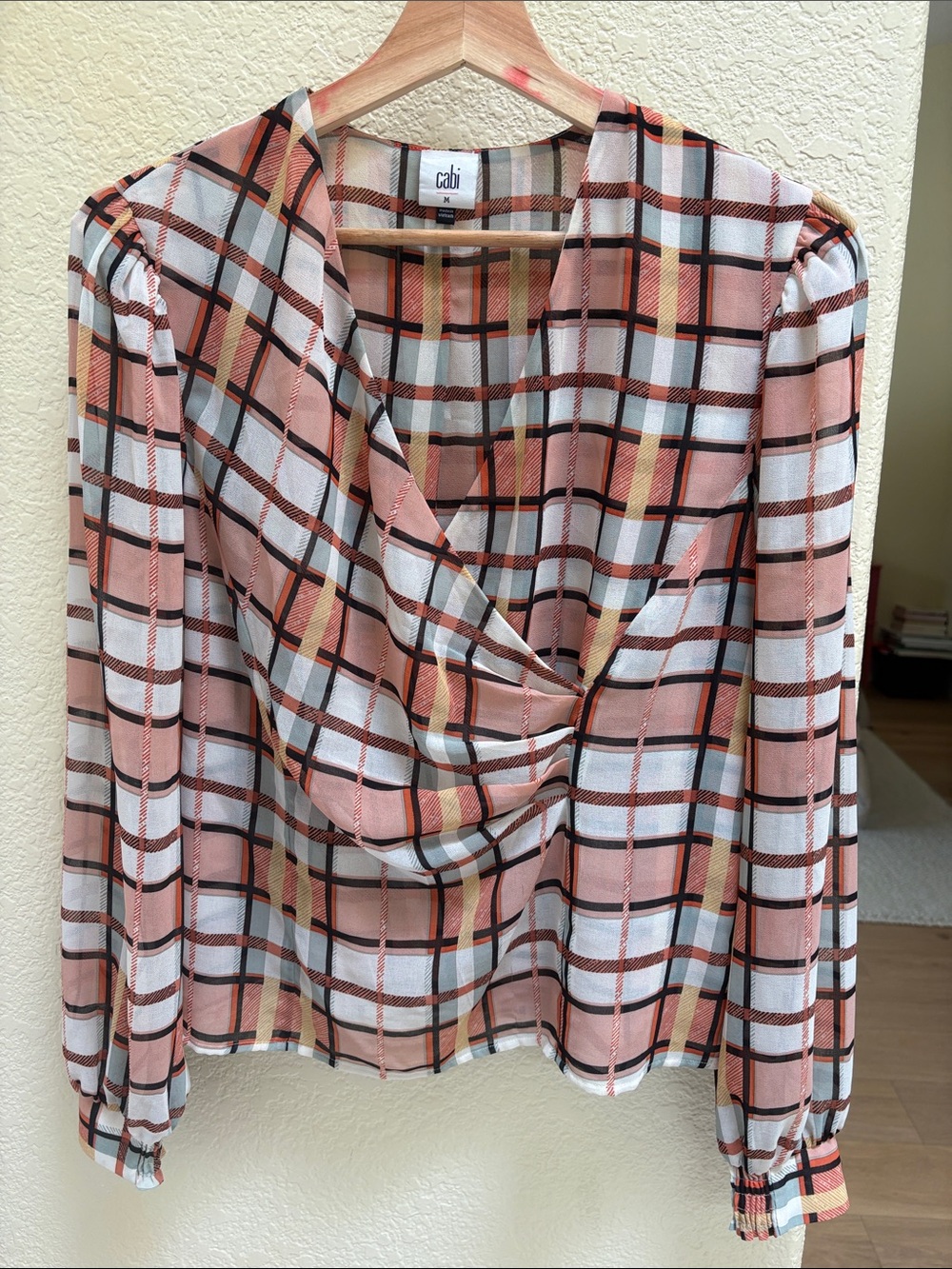 CAbi Peach & White Plaid Draped V-Neck Blouse